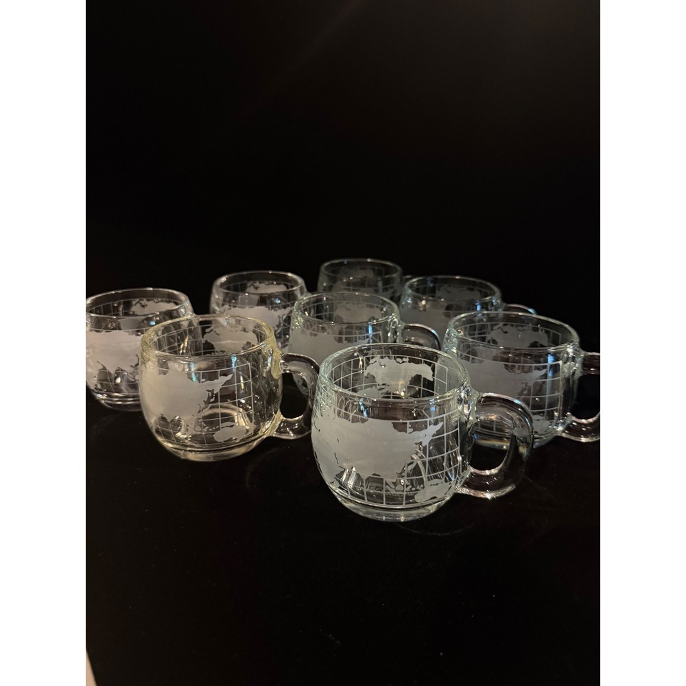 8 Vintage Nescafe World Map Glass Mugs Frosted Etched Globe Coffee Cups Set